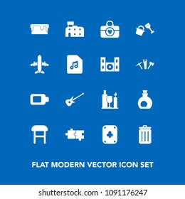 Modern, simple vector icon set on blue background with musical, olive, comfortable, clean, mediterranean, home, garbage, music, trash, puzzle, sign, shovel, oil, guitar, armchair, game, plane icons