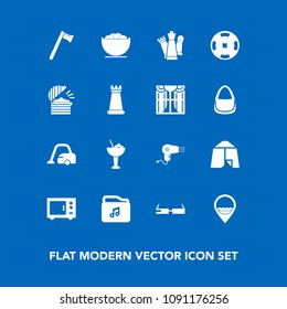 Modern, simple vector icon set on blue background with spanner, piece, business, housework, domestic, hairdryer, outdoor, casino, tent, vacuum, modern, file, food, camp, white, drink, chess, job icons