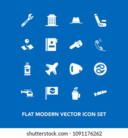 Modern, simple vector icon set on blue background with kamon, directory, airplane, helicopter, hygiene, match, hammer, aircraft, house, japanese, pin, clean, hat, tool, wrench, spanner, travel icons