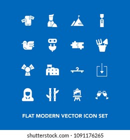 Modern, simple vector icon set on blue background with restaurant, face, sky, drawing, architecture, fashion, cold, house, liquid, water, waiter, cooler, wine, asia, alcohol, art, asian, animal icons