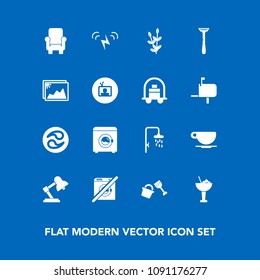 Modern, simple vector icon set on blue background with razor, frame, cafe, cocktail, wheat, sun, armchair, ecology, wash, tv, shovel, japan, dont, shower, photo, coffee, table, alcohol, mon, bar icons