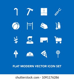 Modern, simple vector icon set on blue background with pizza, spoon, tool, desk, danger, helmet, boy, dinner, office, soccer, wheat, hammer, game, athlete, exclamation, table, sport, lunch, male icons