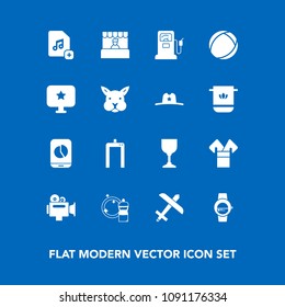 Modern, simple vector icon set on blue background with food, store, computer, broom, market, plane, machine, star, gas, add, airplane, alcohol, fuel, xray, video, flight, handle, grocery, asia icons