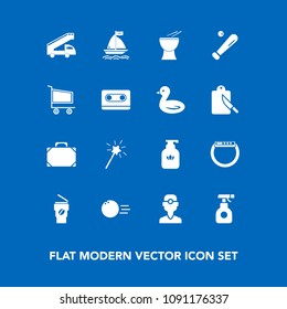 Modern, simple vector icon set on blue background with ball, wand, fun, spray, league, magic, drink, soap, clinic, pin, smart, liquid, leather, dentistry, chemical, percussion, bottle, hygiene icons