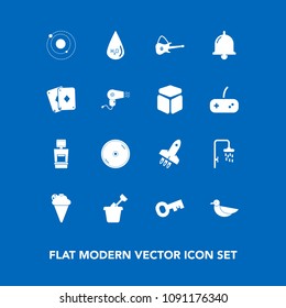 Modern, simple vector icon set on blue background with space, dessert, bird, key, xray, disc, water, launch, shower, bath, sky, summer, hairdryer, rocket, bell, wildlife, ice, drink, science, cd icons
