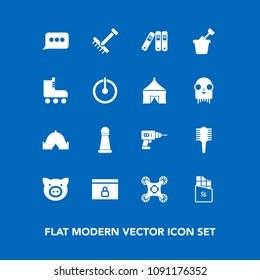 Modern, simple vector icon set on blue background with swine, care, chat, rake, raking, autumn, travel, hand, pig, beauty, strategy, brush, food, gardening, pork, garden, internet, comb, web icons