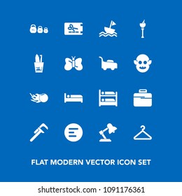 Modern, simple vector icon set on blue background with sail, dental, ice, service, menu, health, nautical, app, bag, butterfly, astronomy, hygiene, bucket, drink, briefcase, cloakroom, coupon icons