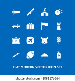 Modern, simple vector icon set on blue background with needle, television, summer, animal, card, building, equipment, travel, entertainment, american, sport, medieval, happy, knife, bowling, ice icons