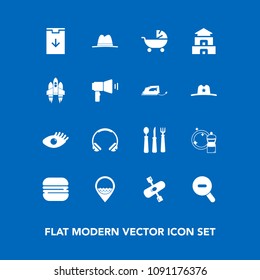 Modern, simple vector icon set on blue background with asia, beauty, music, culture, pram, knife, beautiful, kid, kitchen, download, stroller, business, fork, equipment, pagoda, water, location icons