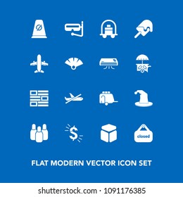 Modern, simple vector icon set on blue background with hotel, background, airplane, banner, luggage, dessert, business, transportation, food, bowling, hat, newspaper, service, shop, baggage, van icons