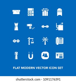 Modern, simple vector icon set on blue background with sunglasses, present, envelope, phone, care, construction, group, dryer, dress, hairdryer, mailbox, holiday, hammer, mail, energy, fashion,  icons