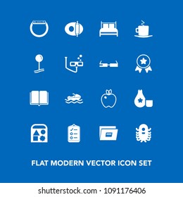 Modern, simple vector icon set on blue background with toy, time, paper, list, literature, food, japan, cuisine, pan, library, smart, ball, monster, healthy, watch, cooking, bear, book, organic icons
