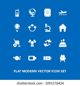 Modern, simple vector icon set on blue background with full, battery, jump, airplane, energy, cold, fish, power, grill, seafood, phone, dessert, map, global, meat, sign, cell, sea, saturn, globe icons