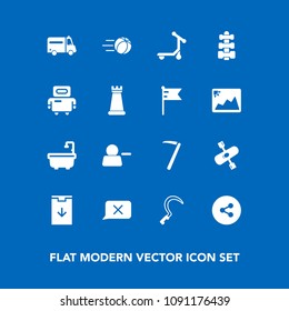 Modern, simple vector icon set on blue background with wrench, soccer, equipment, vehicle, garden, kayaking, transport, social, kayak, water, android, internet, delete, cyborg, toilet, football icons