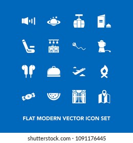 Modern, simple vector icon set on blue background with candy, window, transportation, home, flame, light, sweet, road, location, book, volume, travel, train, earth, restaurant, watermelon, paper icons