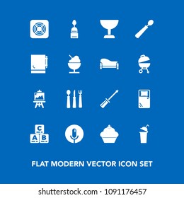 Modern, simple vector icon set on blue background with sweet, couch, play, sofa, screwdriver, icecream, sign, air, fan, sound, notebook, kitchen, food, cake, search, glass, beverage, notepad icons