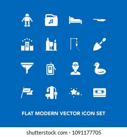 Modern, simple vector icon set on blue background with night, tape, music, nation, bed, inkstone, astronomy, conditioner, japan, audio, service, clean, furniture, filter, fitness, file, air, sky icons