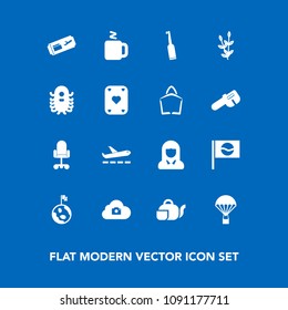 Modern, simple vector icon set on blue background with air, beverage, globe, plant, wheat, web, tooth, airport, tea, jump, asia, grain, office, cloud, airplane, toothbrush, brush, teapot, girl icons