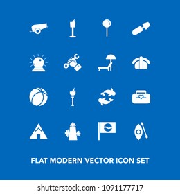 Modern, simple vector icon set on blue background with sport, japan, mascara, bucket, weapon, activity, restaurant, river, holder, style, alcohol, fish, tent, soccer, sea, adventure, food, sign icons