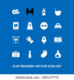 Modern, simple vector icon set on blue background with flame, concept, present, strategy, health, clothes, winter, celebration, oil, healthy, dessert, hot, olive, technology, spaceship, game icons