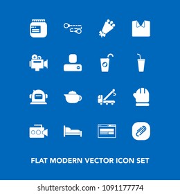 Modern, simple vector icon set on blue background with video, clip, bouquet, car, vehicle, space, tow, cold, helmet, home, paperclip, hot, science, floral, accident, warm, tea, food, truck, bed icons