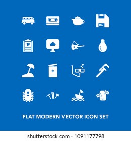 Modern, simple vector icon set on blue background with island, medicine, hammer, communication, sea, chat, dentist, phone, tool, ufo, road, breakfast, alien, speed, sail, computer, medical, hot icons
