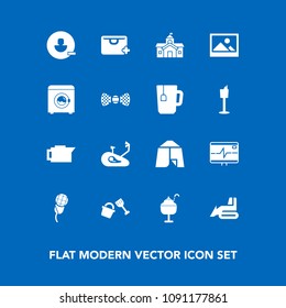 Modern, simple vector icon set on blue background with caffeine, music, ice, equipment, industry, remove, bucket, audio, mic, house, cream, adventure, drink, bulldozer, dessert, avatar, building icons