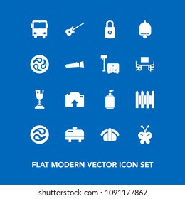 Modern, simple vector icon set on blue background with bell, sushi, fence, butterfly, heater, salmon, ring, beauty, soap, nature, boiler, security, white, achievement, liquid, transportation icons
