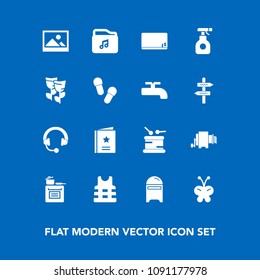 Modern, simple vector icon set on blue background with blank, instrument, chemical, sprayer, old, background, cooking, audio, pesticide, insect, mailbox, nature, pasta, favour, music, musical icons