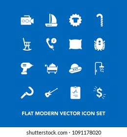Modern, simple vector icon set on blue background with dollar, heart, bath, space, lollipop, musical, wind, technology, harvest, farming, clothing, boat, shower, office, sickle, video, spaceship icons