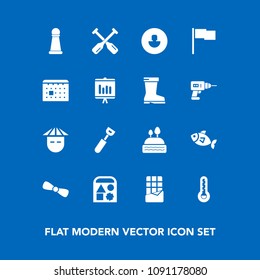 Modern, simple vector icon set on blue background with bear, game, thermometer, cake, avatar, dessert, flag, strategy, oar, piece, play, sweet, food, time, bow, water, sea, business, temperature icons