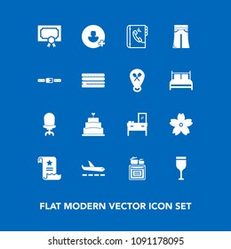 Modern, simple vector icon set on blue background with pie, sakura, drink, alcohol, wine, home, cake, furniture, document, travel, diploma, frame, internet, cooking, spring, blossom, interior icons
