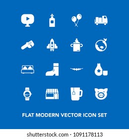 Modern, simple vector icon set on blue background with media, furniture, market, pork, decoration, beverage, shipping, sign, supermarket, animal, celebration, cuisine, piglet, japanese, grocery icons