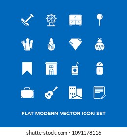 Modern, simple vector icon set on blue background with sign, carousel, drop, business, cold, game, style, white, real, pin, building, autumn, edit, glass, estate, object, garden, music, document icons