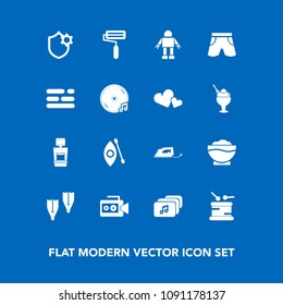 Modern, simple vector icon set on blue background with internet, scan, water, xray, roller, robot, musical, kayak, white, table, sound, camera, summer, activity, equipment, file, shorts, video icons