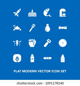 Modern, simple vector icon set on blue background with cd, bottle, vegetable, music, religious, food, perfume, human, seafood, sound, church, kitchen, religion, peeler, health, rocket, aroma icons
