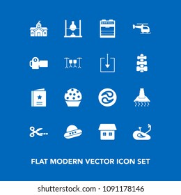 Modern, simple vector icon set on blue background with camera, fitness, cake, bike, bicycle, kitchen, favour, science, city, research, space, download, transport, dessert, photography, ufo, web icons