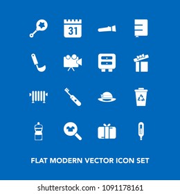 Modern, simple vector icon set on blue background with trash, recycle, box, brush, broom, flashlight, toy, present, recycling, health, care, clothes, sign, clean, fashion, gift, female, day, hat icons