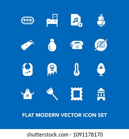 Modern, simple vector icon set on blue background with healthy, alien, dental, infant, toy, tower, music, sweet, decoration, home, pie, thermometer, rattle, interior, chemical, sign, ufo, frame icons
