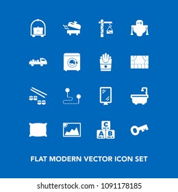 Modern, simple vector icon set on blue background with travel, child, position, hammer, seafood, toy, sushi, frame, street, technology, photo, point, kid, road, boiler, hotel, vacation, play icons