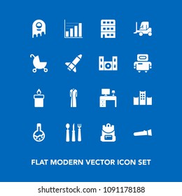 Modern, simple vector icon set on blue background with work, candle, data, spoon, vacation, kitchen, backpack, wax, school, cargo, flame, architecture, desk, business, knife, technology, night icons