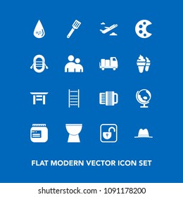 Modern, simple vector icon set on blue background with food, jam, lock, jar, water, departure, hat, art, drink, globe, planet, japanese, unlock, japan, travel, global, percussion, palette, white icons