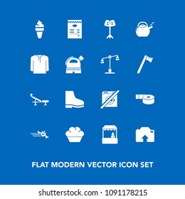 Modern, simple vector icon set on blue background with jacket, supermarket, travel, footwear, orchestra, judge, law, cream, fashion, music, fitness, kettle, flight, photo, cake, sign, tape, shop icons