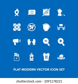 Modern, simple vector icon set on blue background with hat, teapot, health, food, shirt, glove, tea, communication, hygiene, loudspeaker, flame, megaphone, sweet, brush, breakfast, style, game icons