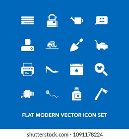 Modern, simple vector icon set on blue background with fashion, woman, event, clothes, mouthwash, cosmos, pasta, female, science, astronaut, cheeseburger, burger, fun, kite, joy, screwdriver icons