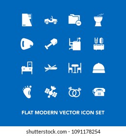 Modern, simple vector icon set on blue background with plane, child, data, small, communication, construction, document, folder, diamond, chair, paper, work, cabinet, car, shovel, furniture, hat icons