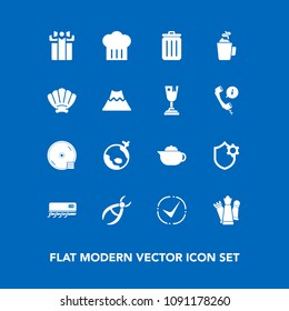 Modern, simple vector icon set on blue background with disk, shell, world, dentist, celebration, hot, bin, recycling, travel, conditioning, internet, drink, strategy, nature, medical, plane, dvd icons