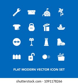 Modern, simple vector icon set on blue background with fashion, ball, boot, security, sweet, game, dessert, tool, snow, chess, bowling, fun, gym, clothing, file, protection, cake, music, food icons