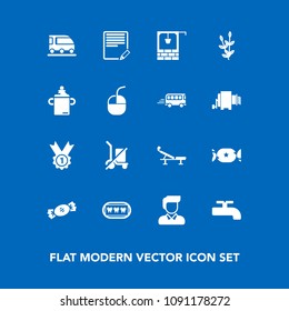 Modern, simple vector icon set on blue background with healthy, dentist, van, bottle, seat, well, transport, transportation, white, grain, boy, edit, water, wheat, stone, agriculture, health icons