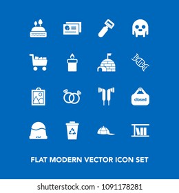 Modern, simple vector icon set on blue background with wedding, library, ufo, business, fiction, chart, image, trash, cap, tool, sweet, fashion, kitchen, ring, peeler, alien, picture, hat, store icons